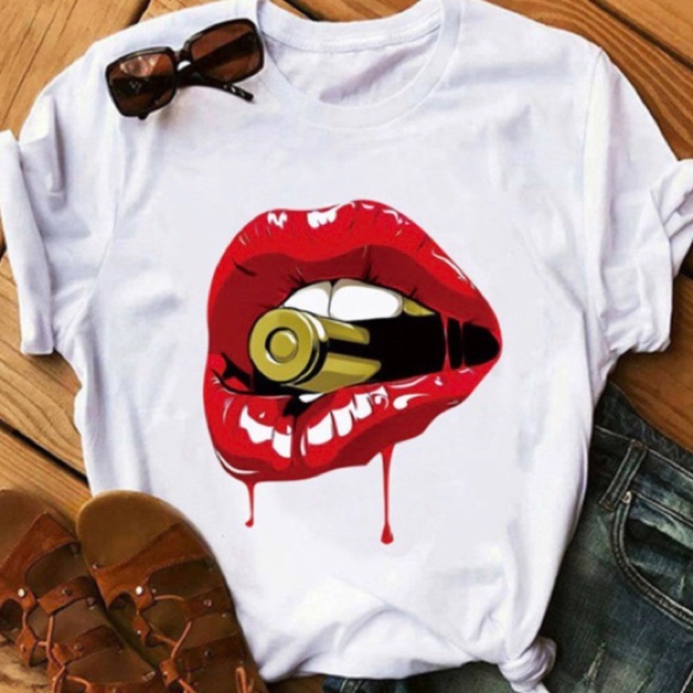 BITE THE BULLET   💋👄 LIPS  White Short Sleeve T-SHIRT